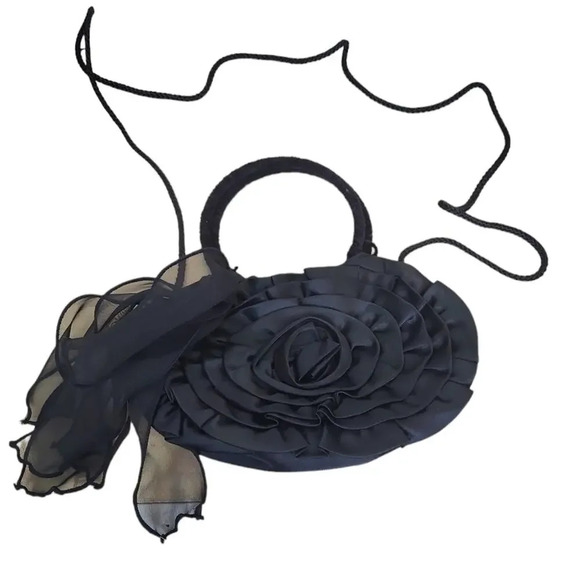 La Regale Black Satin Clutch Purse Black Rose Silver Hoop Handle New Year’s Eve - Picture 1 of 3